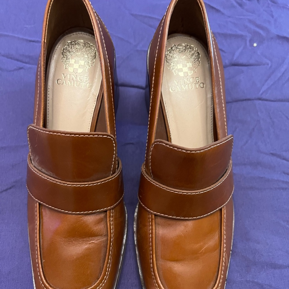 Vince Camuto Leather Block Heel Loafers – Women’s 9.5 (Brown)